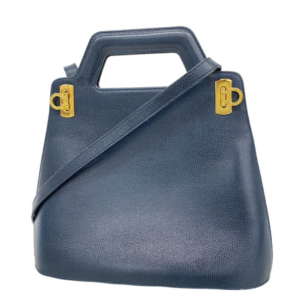 Salvatore Ferragamo Gancini Leather Handbag, Navy, 2-way Bag for Women, P3514156